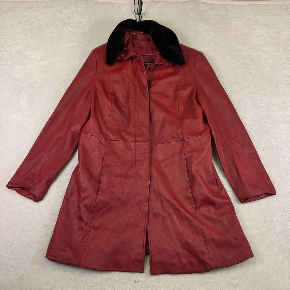 Valerie Stevens Red Lamb Leather Coat Faux Fur Collar Womens Large Jacket